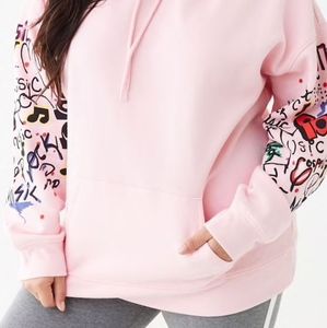 Forever 21+ Women's Pink Hoodie Graffiti Music Genre Sleeves Front Pocket Sz 3XL